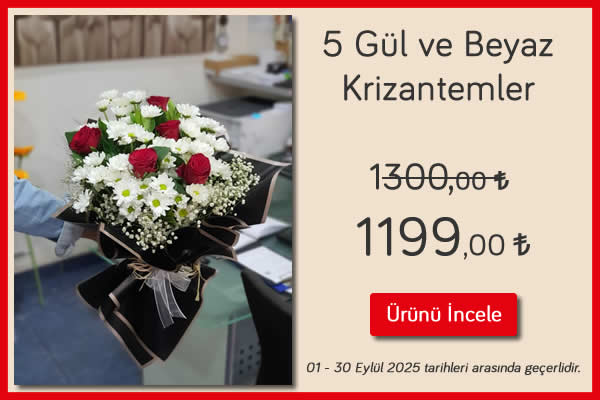 5 Gül ve Beyaz Krizantemler 01 - 30 Eylül 2025 tarihleri arası geçerli, Kütahya çiçekçi